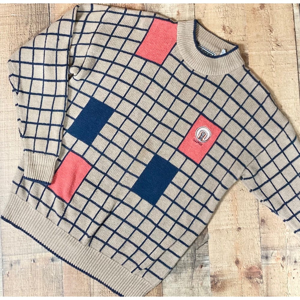 Vintage Aureus Mens Illinois Grid Colorblock Sweater‎ Tan Navy Coral Large